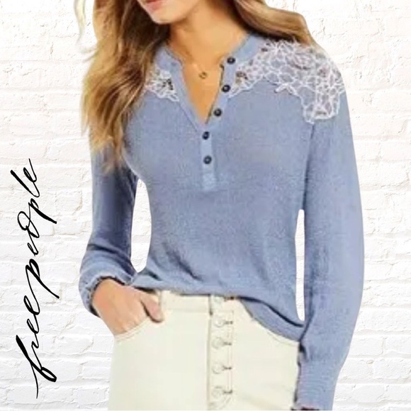 Free People Tops - Free People Eazy Breezy Henley Cotton Embroidered Top Size Small Blue